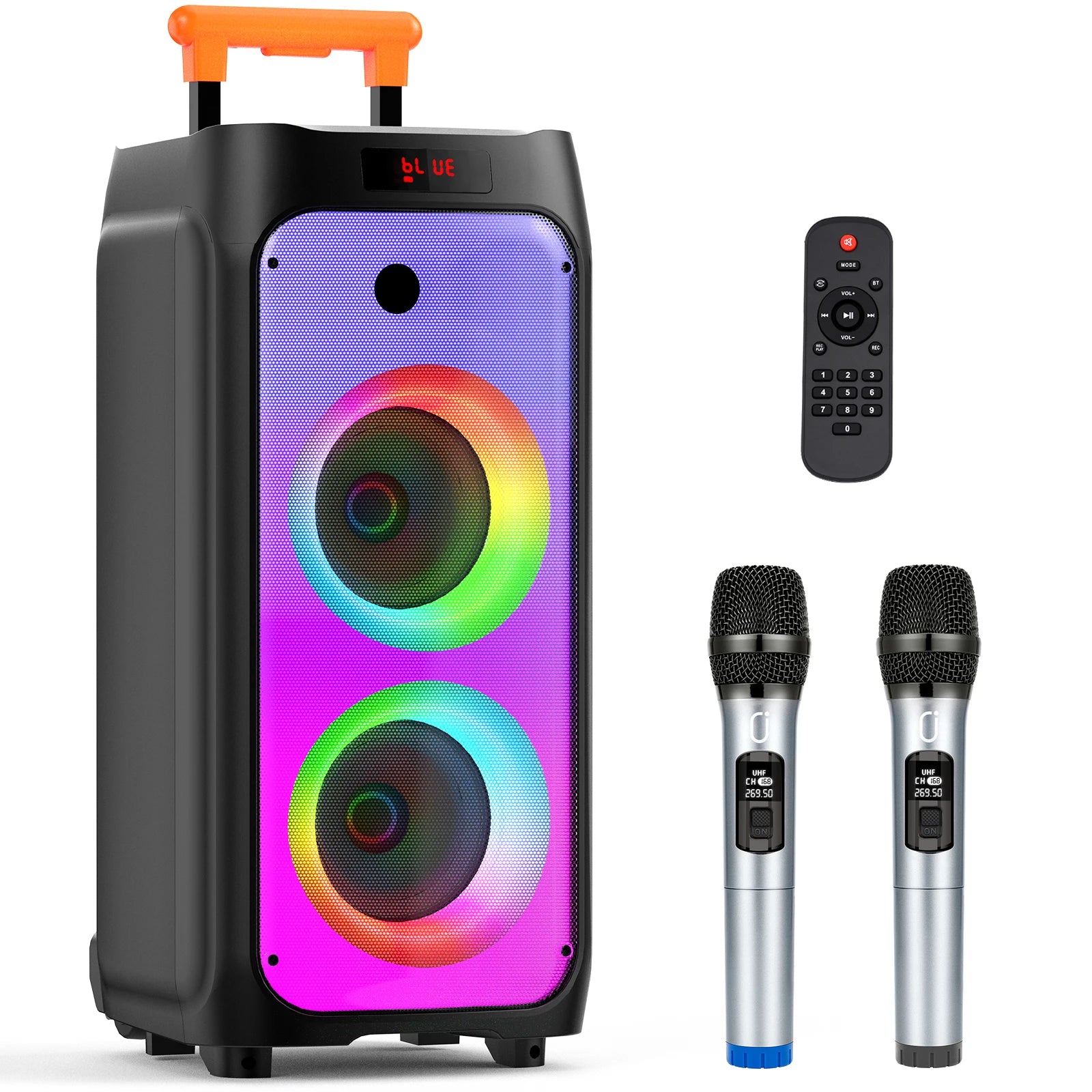 FanFun T8 Large Bluetooth Speaker, Wireless Speaker with Wheels and Push Rod, Karaoke Machine with Two Microphones With Tws