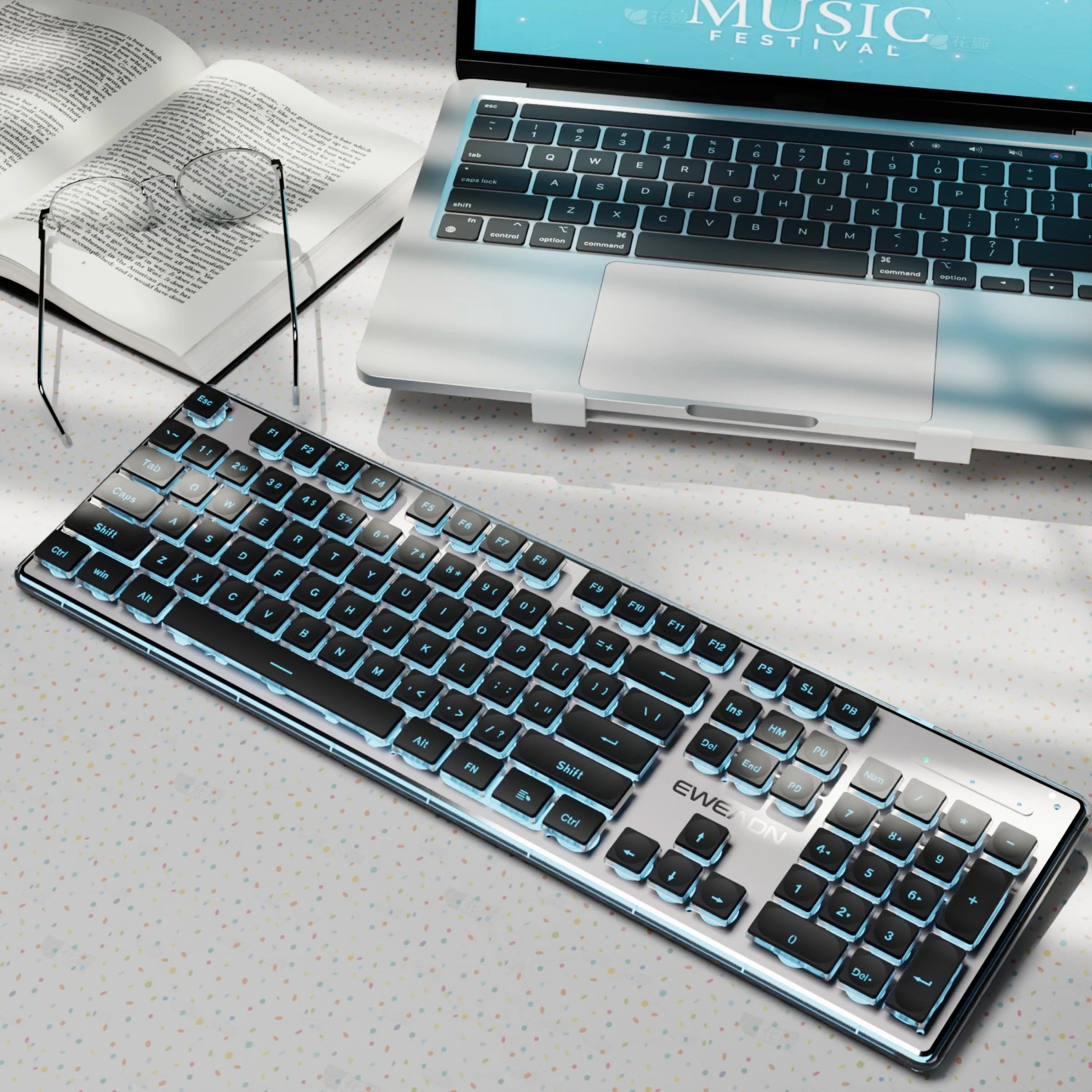 EWEADN Silent Wired Gaming  Office Keyboard, Full-Size 104-Key, All-Metal Panel with White LED Backlight, for PC, Home, Dorm